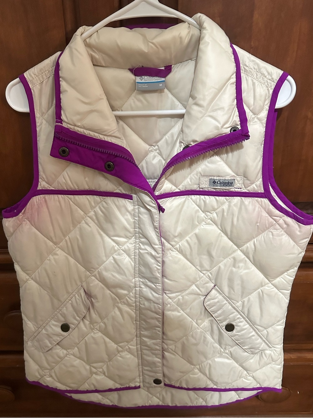 Columbia Women's Quilted Cream Vest with Purple Trim - Medium